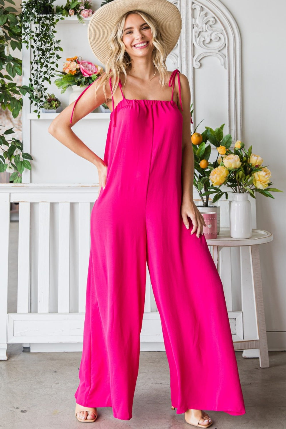 Veveret Pocketed Spaghetti Strap Wide Leg Jumpsuit