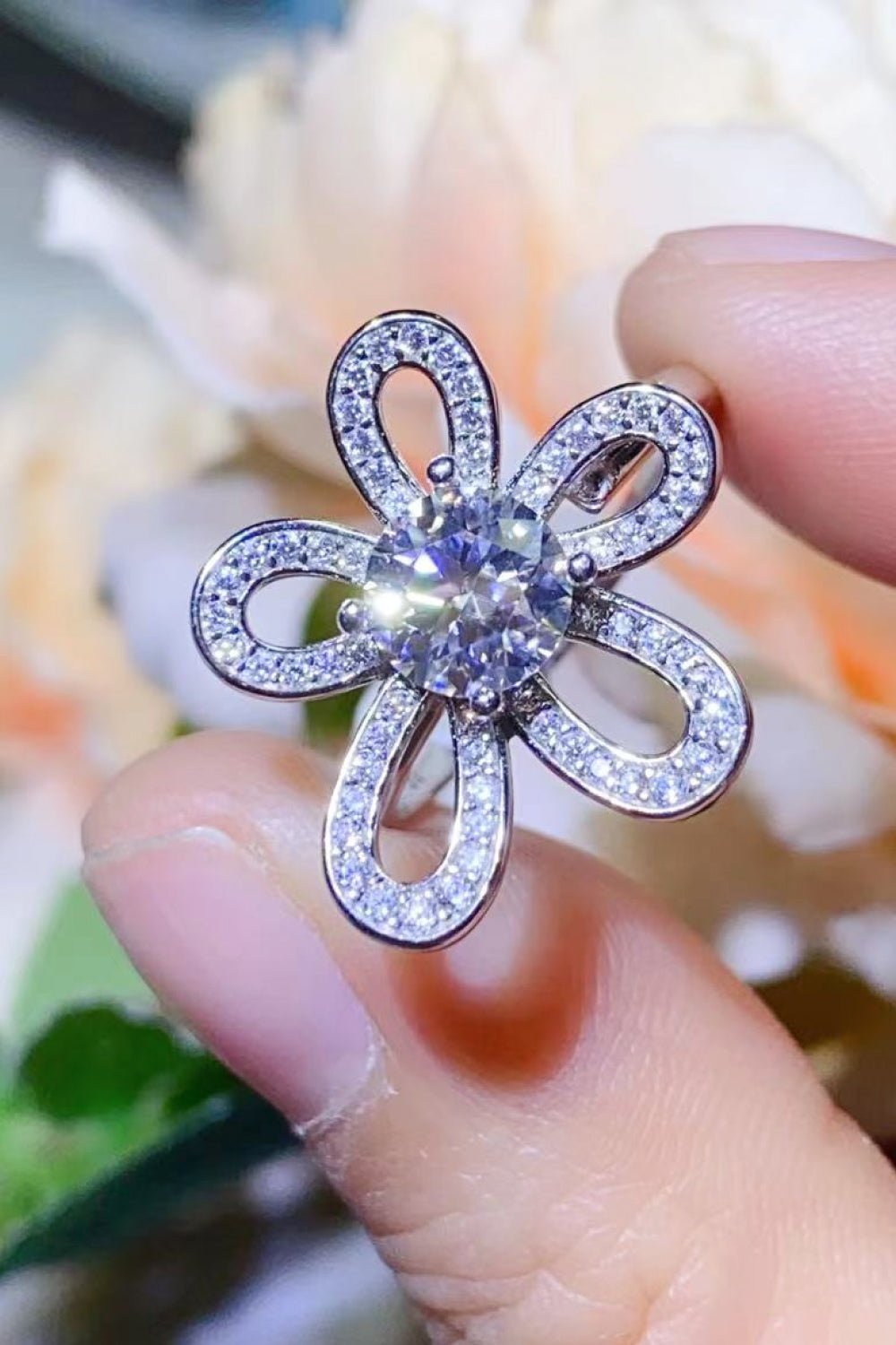 1 Carat Moissanite Flower-Shape Open Ring - Style To Fit