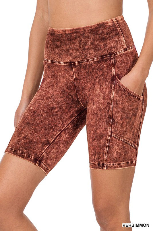 Mineral Wash Wide Waistband Pocket Biker Shorts