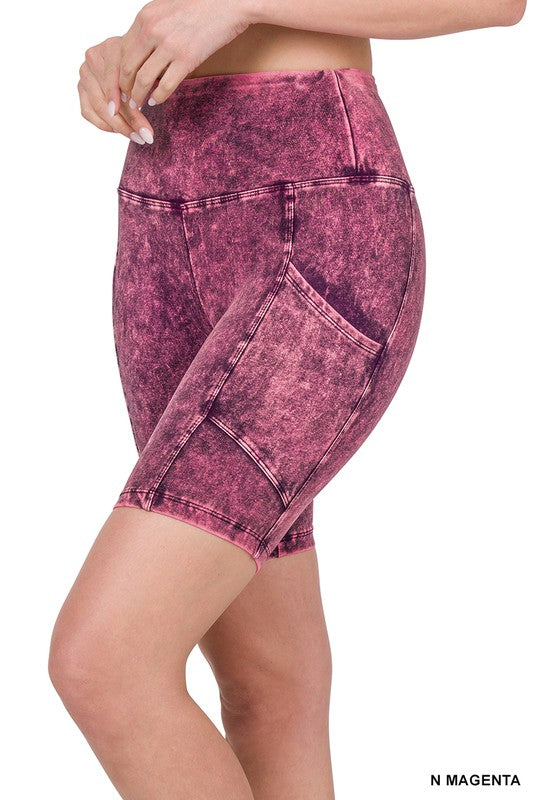 Mineral Wash Wide Waistband Pocket Biker Shorts