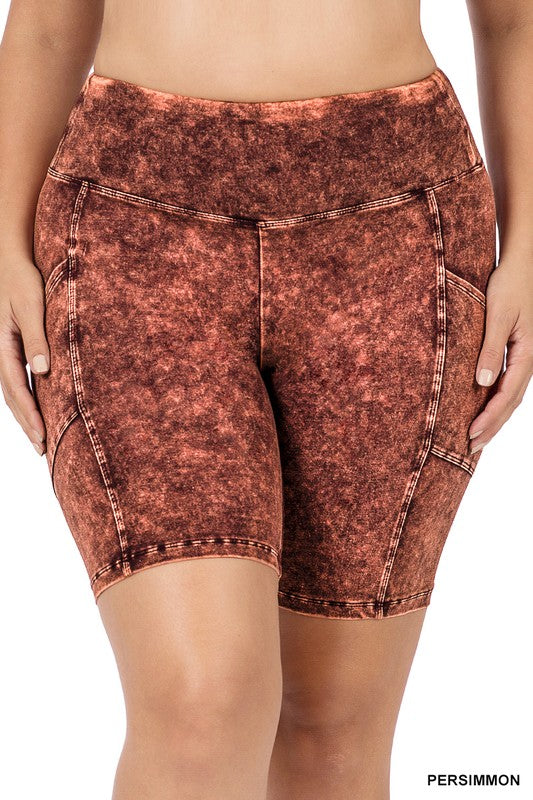 Plus Size Mineral Wash Wide Waistband Pocket Biker Shorts