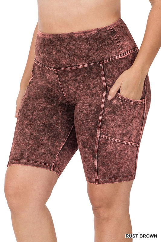 Plus Size Mineral Wash Wide Waistband Pocket Biker Shorts