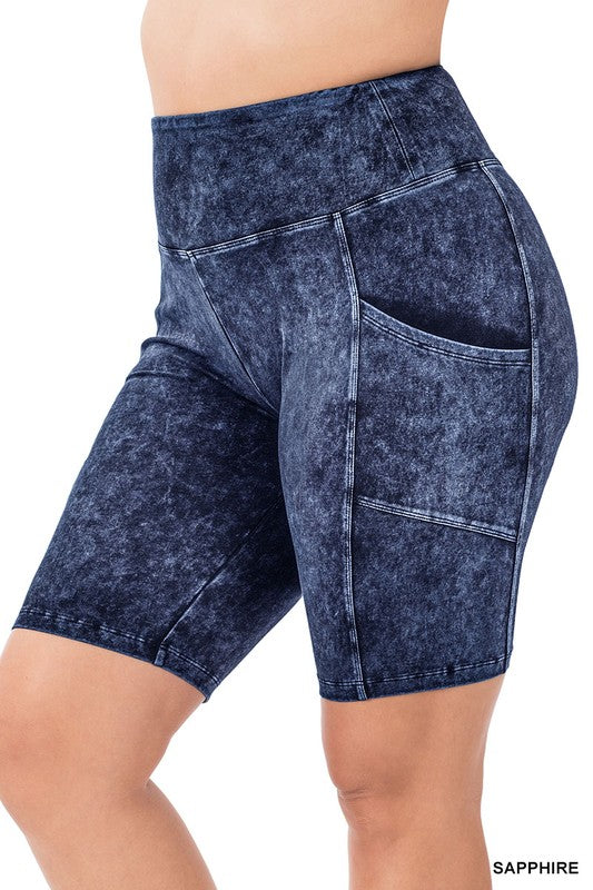 Plus Size Mineral Wash Wide Waistband Pocket Biker Shorts