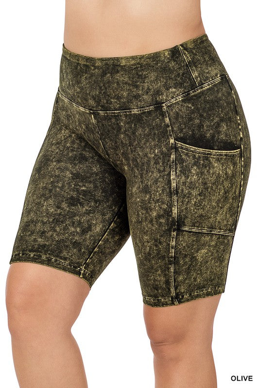 Plus Size Mineral Wash Wide Waistband Pocket Biker Shorts