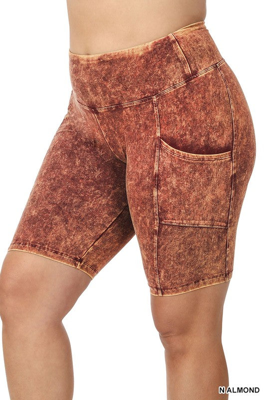 Plus Size Mineral Wash Wide Waistband Pocket Biker Shorts