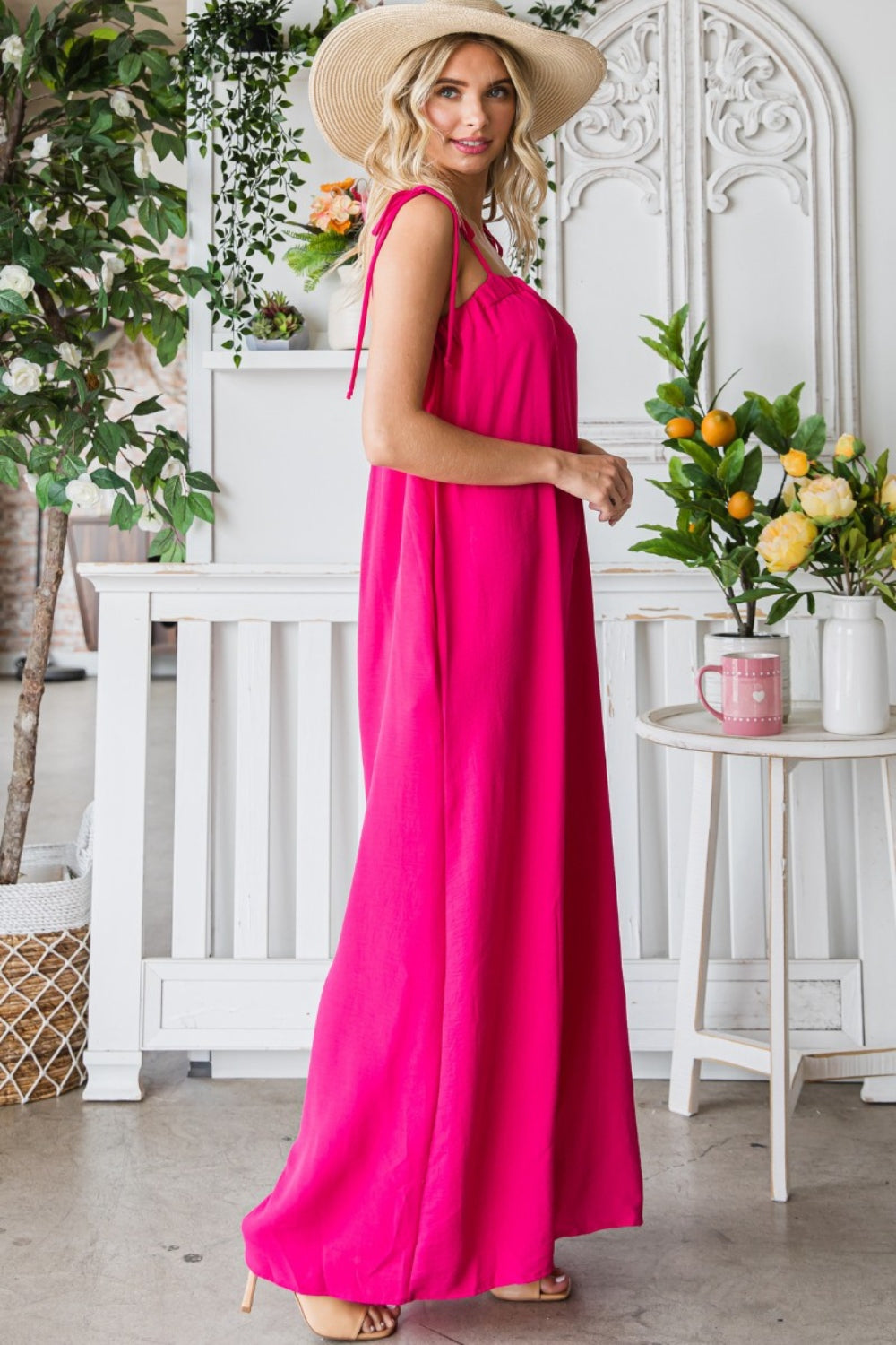 Veveret Pocketed Spaghetti Strap Wide Leg Jumpsuit