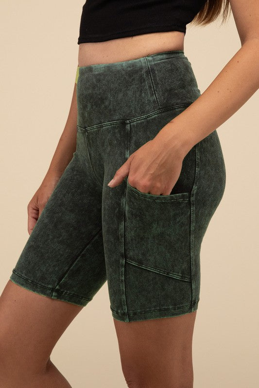 Mineral Wash Wide Waistband Pocket Biker Shorts