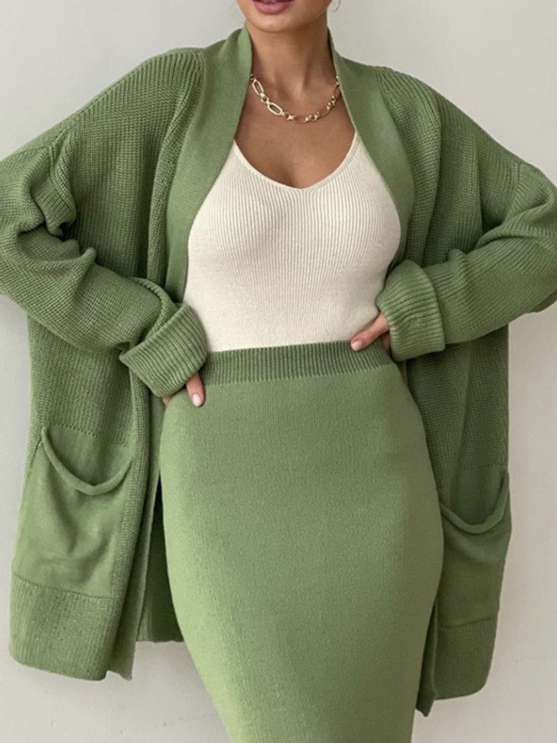 Pocketed Cardigan and Skirt Set