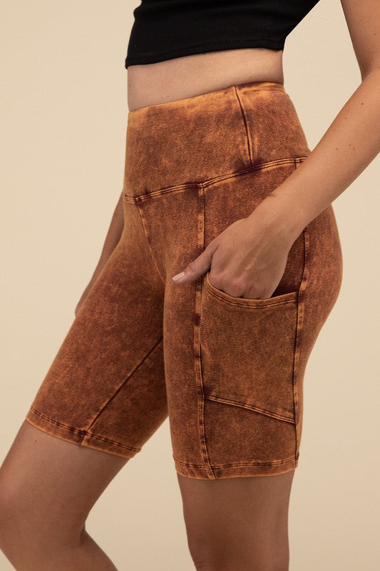 Mineral Wash Wide Waistband Pocket Biker Shorts