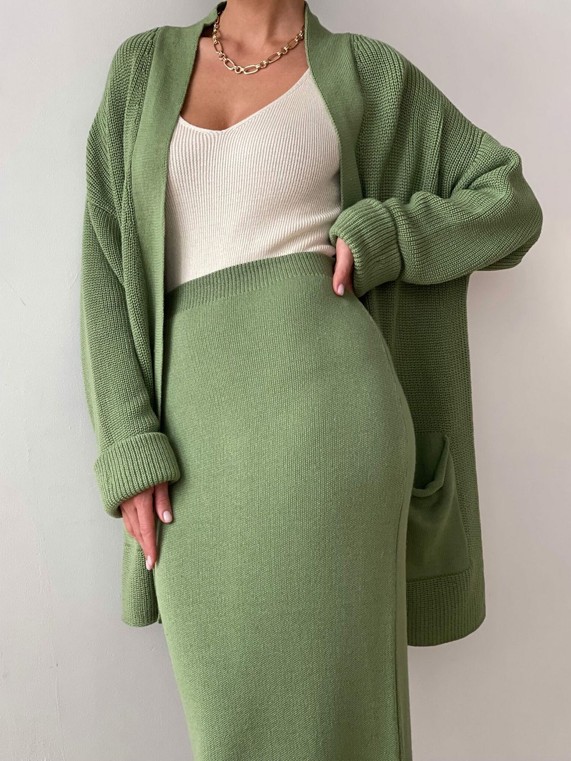 Pocketed Cardigan and Skirt Set
