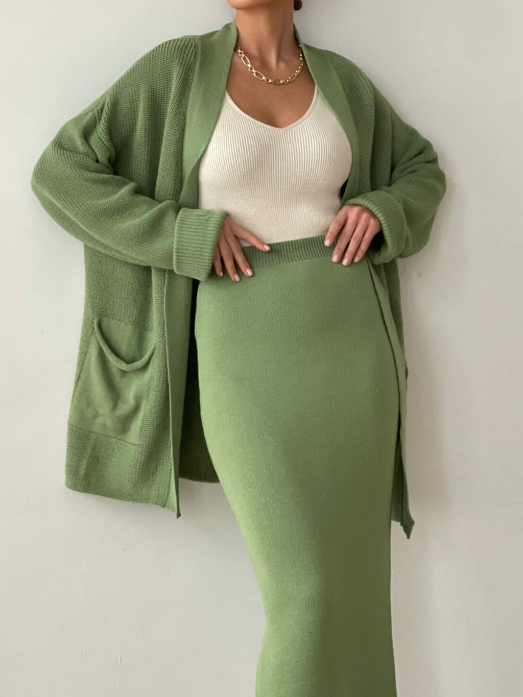 Pocketed Cardigan and Skirt Set
