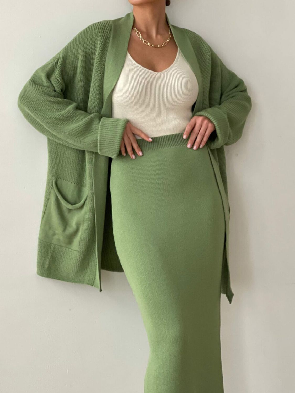 Pocketed Cardigan and Skirt Set