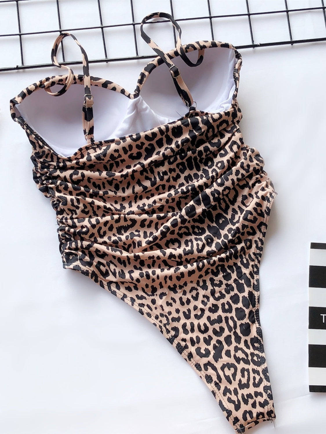 Ruched Leopard Spaghetti Strap One-Piece Swimwear