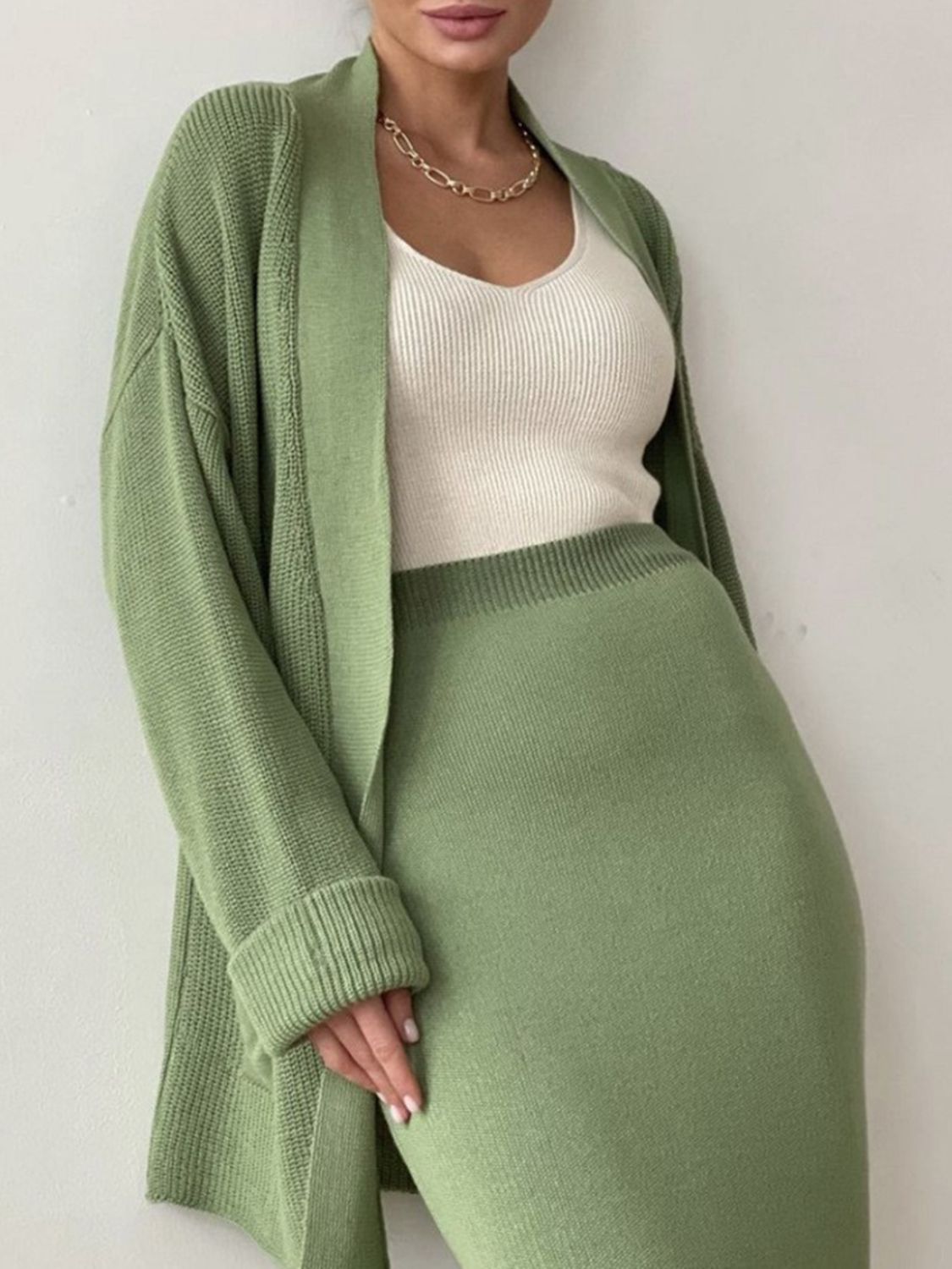 Pocketed Cardigan and Skirt Set