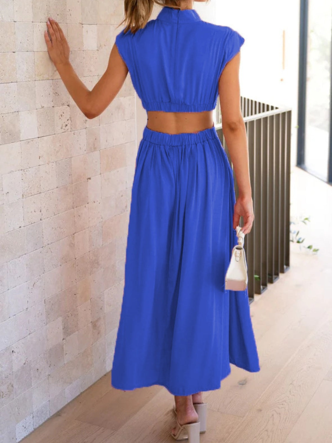 Cutout Mock Neck Sleeveless Ruched Dress