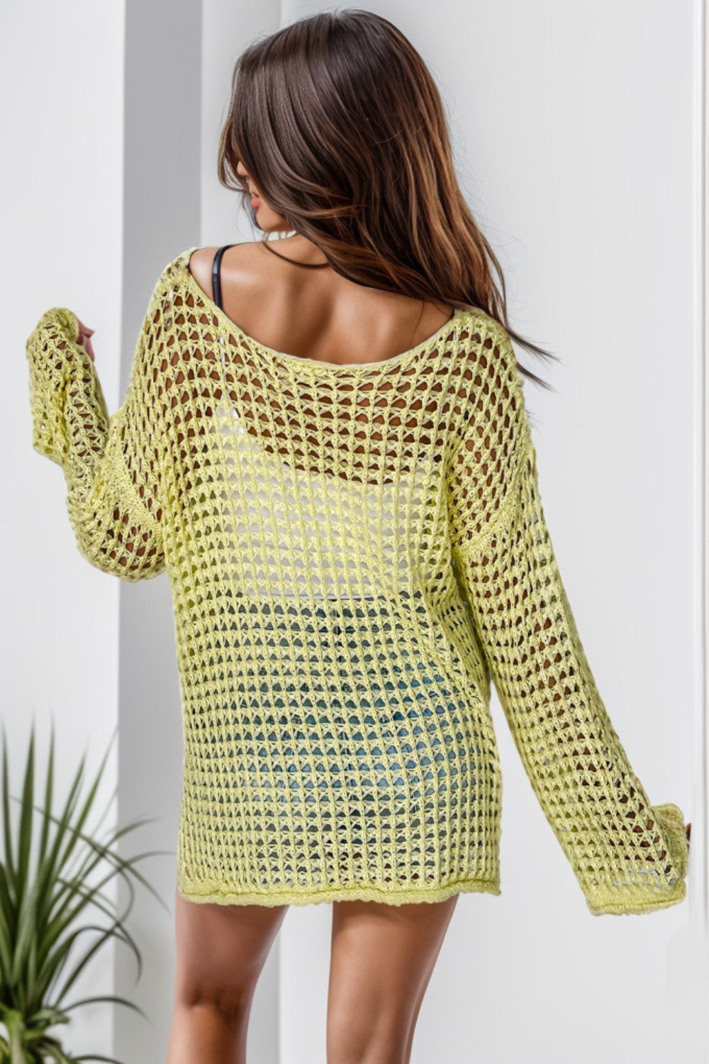 Openwork Round Neck Dropped Shoulder Knit Top Features: Openwork Stretch: Slightly stretchy Material composition: 65% acrylic, 35% polyamide Care instructions: Machine wash cold. Tumble dry low. Imported, ships in 5-10 business days Product measurements:S