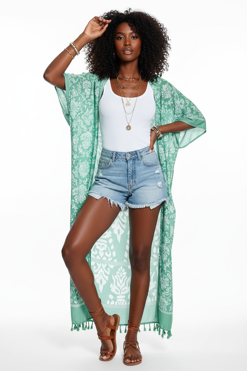 Printed Tassel Kimono