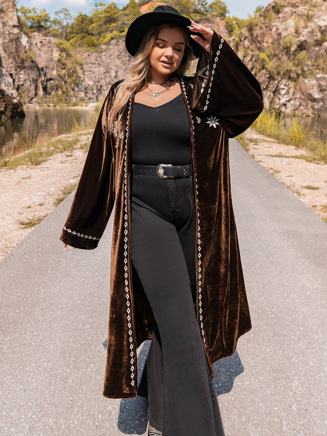 Plus Size Embroidery Open Front Duster