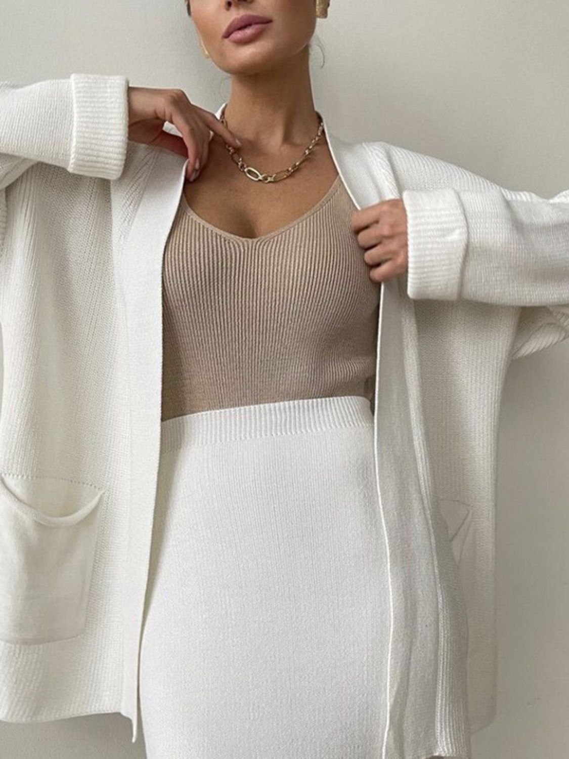 Pocketed Cardigan and Skirt Set