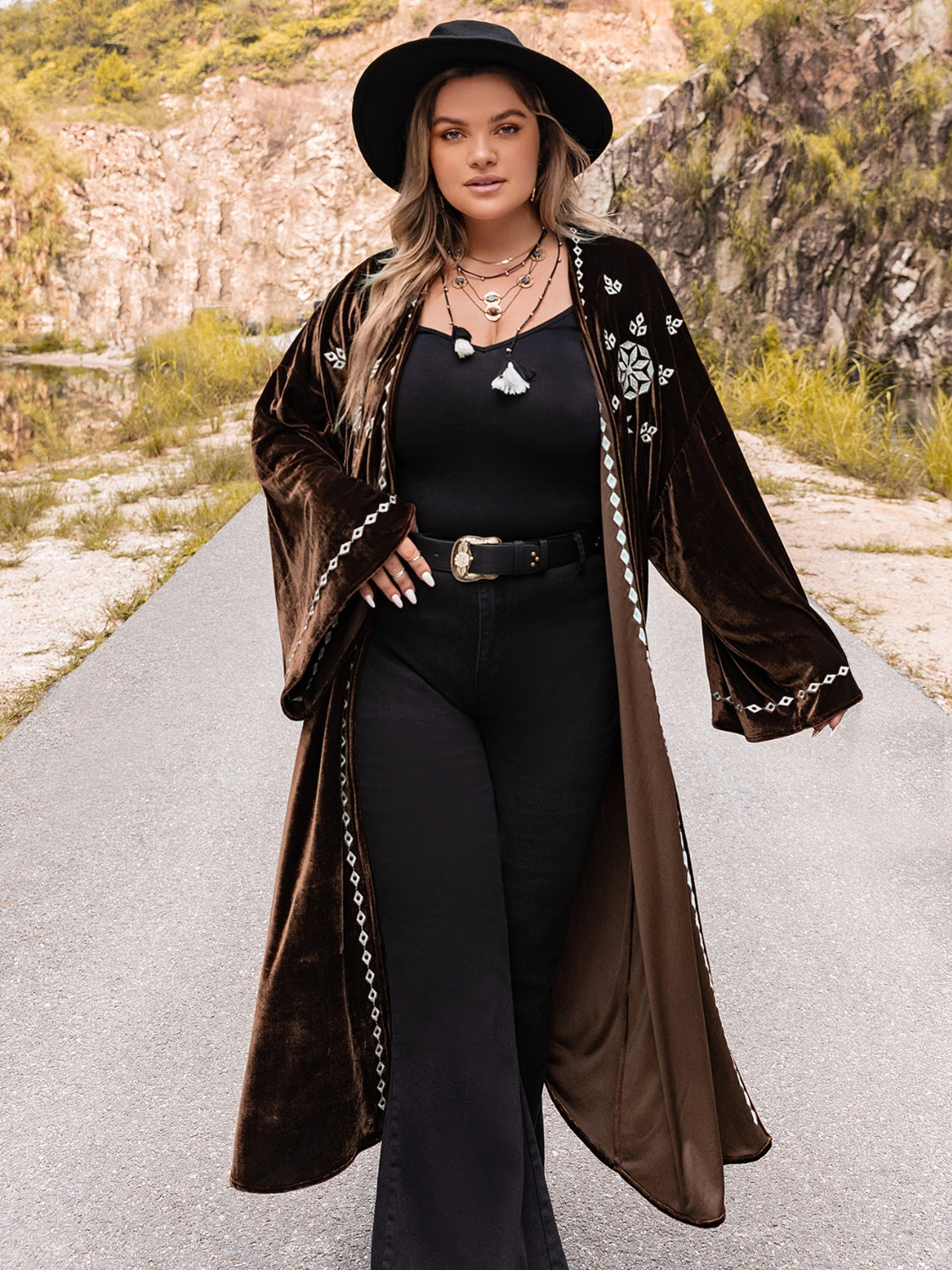 Plus Size Embroidery Open Front Duster