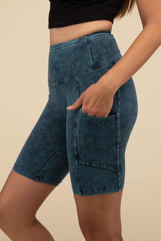 Mineral Wash Wide Waistband Pocket Biker Shorts