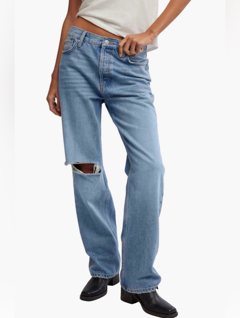 Free People “Holly” High Rise Ripped Bootcut Jeans