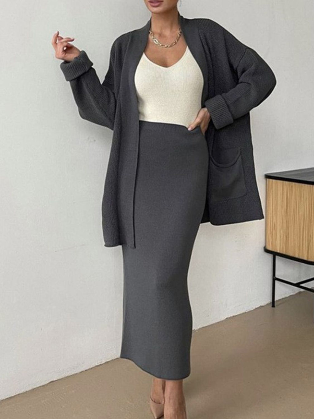 Pocketed Cardigan and Skirt Set