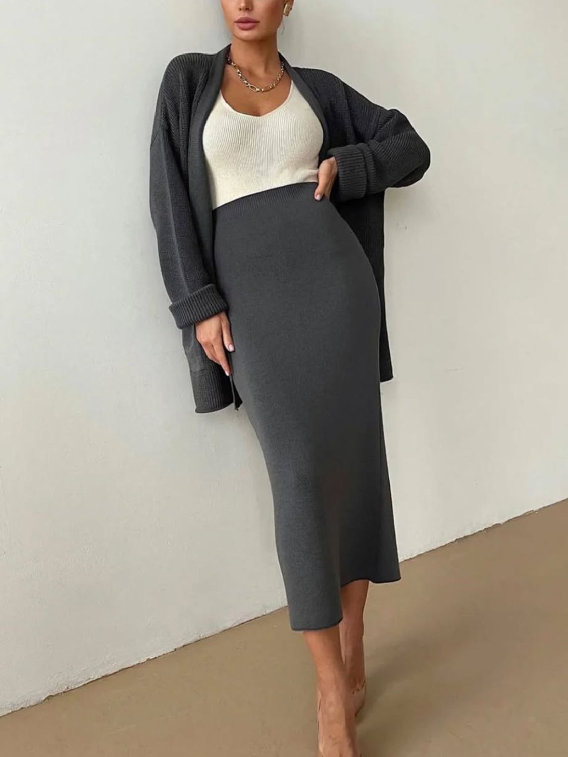 Pocketed Cardigan and Skirt Set