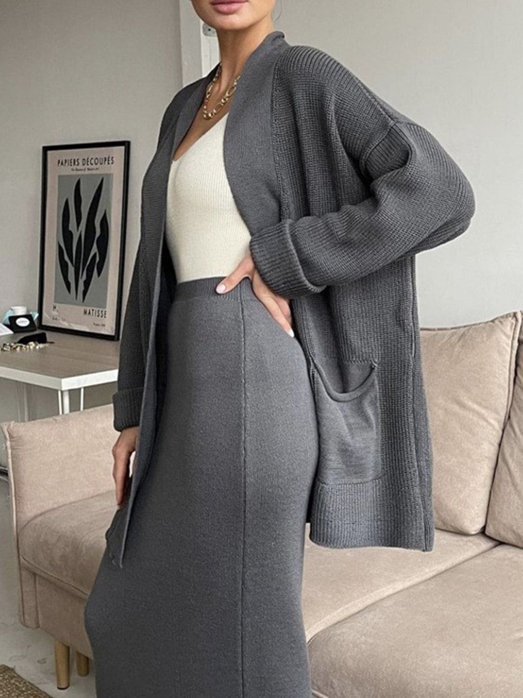 Pocketed Cardigan and Skirt Set