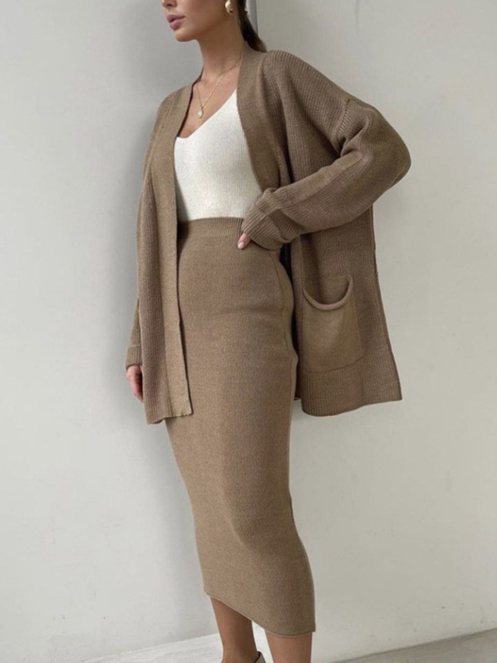 Pocketed Cardigan and Skirt Set