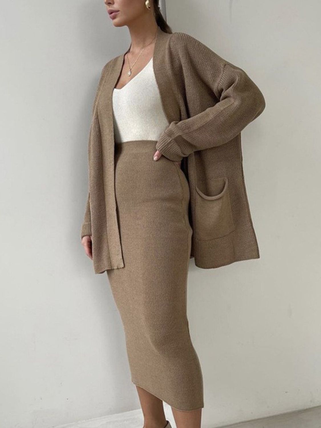 Pocketed Cardigan and Skirt Set