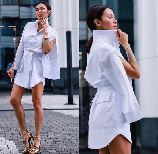 Button-Up Shirt Belted Mini Women Dress