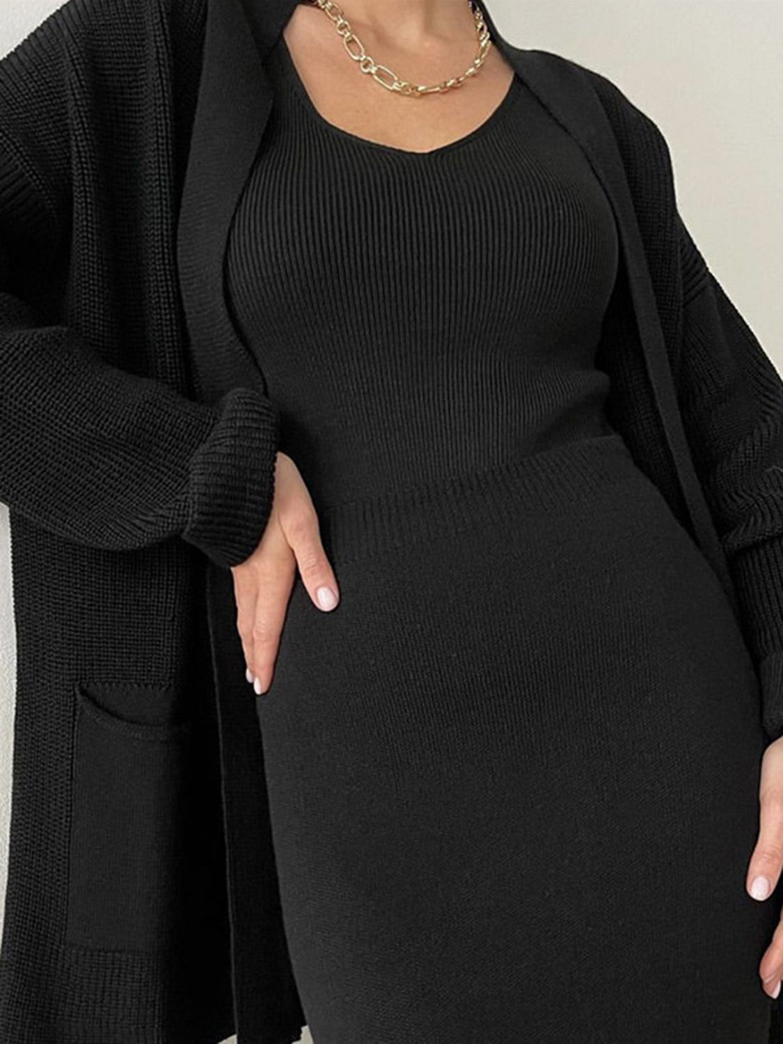 Pocketed Cardigan and Skirt Set