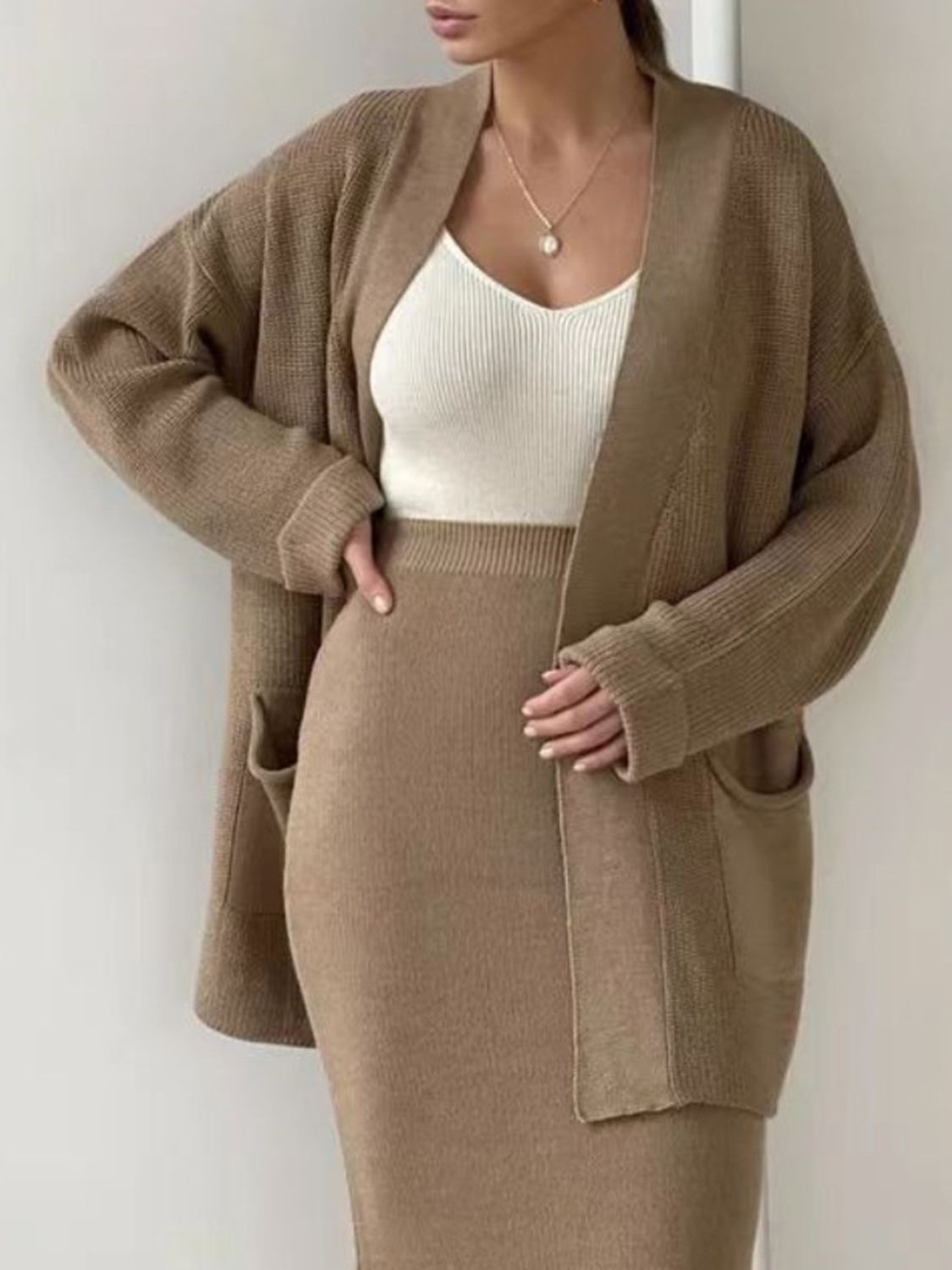 Pocketed Cardigan and Skirt Set