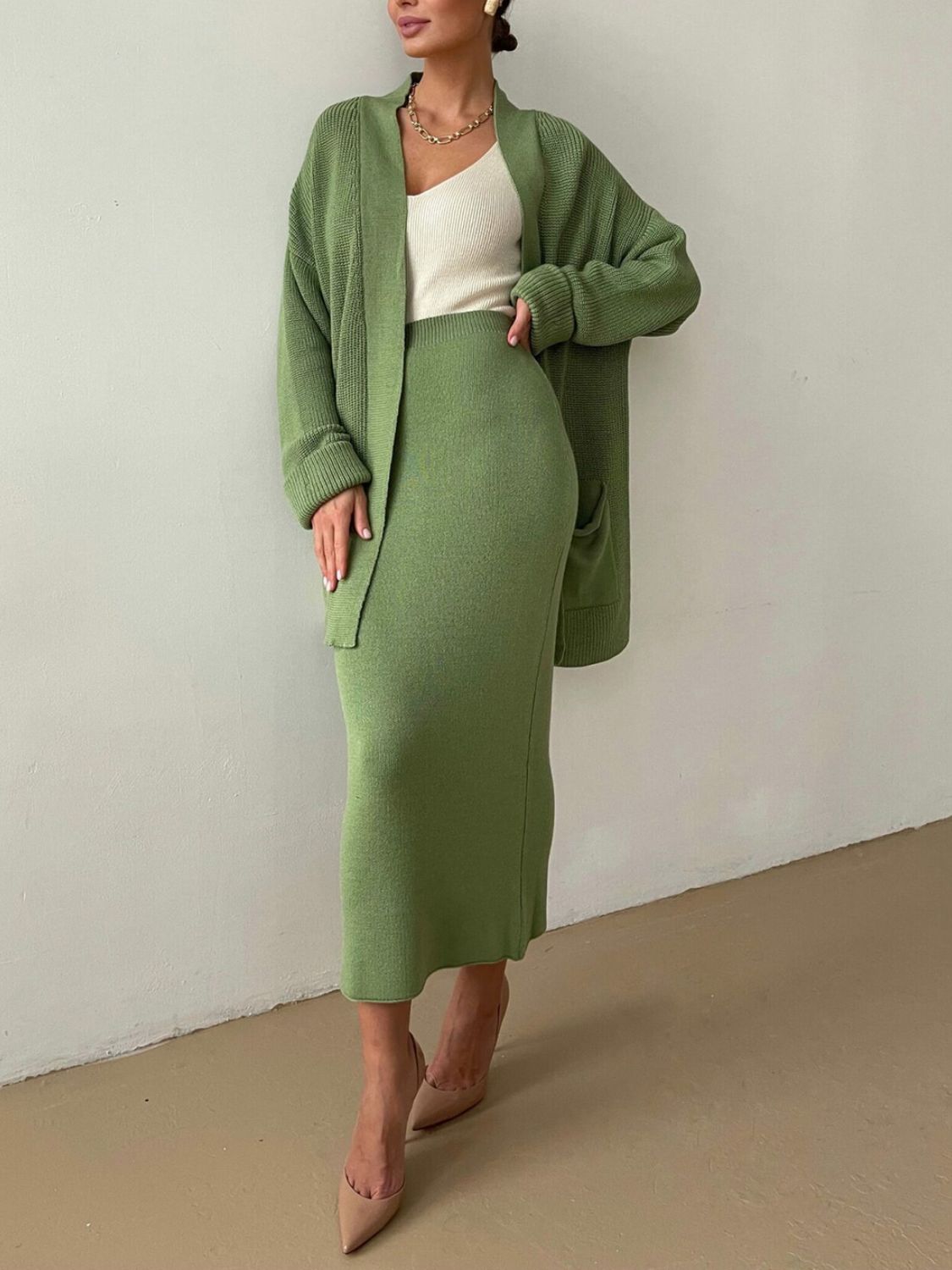 Pocketed Cardigan and Skirt Set
