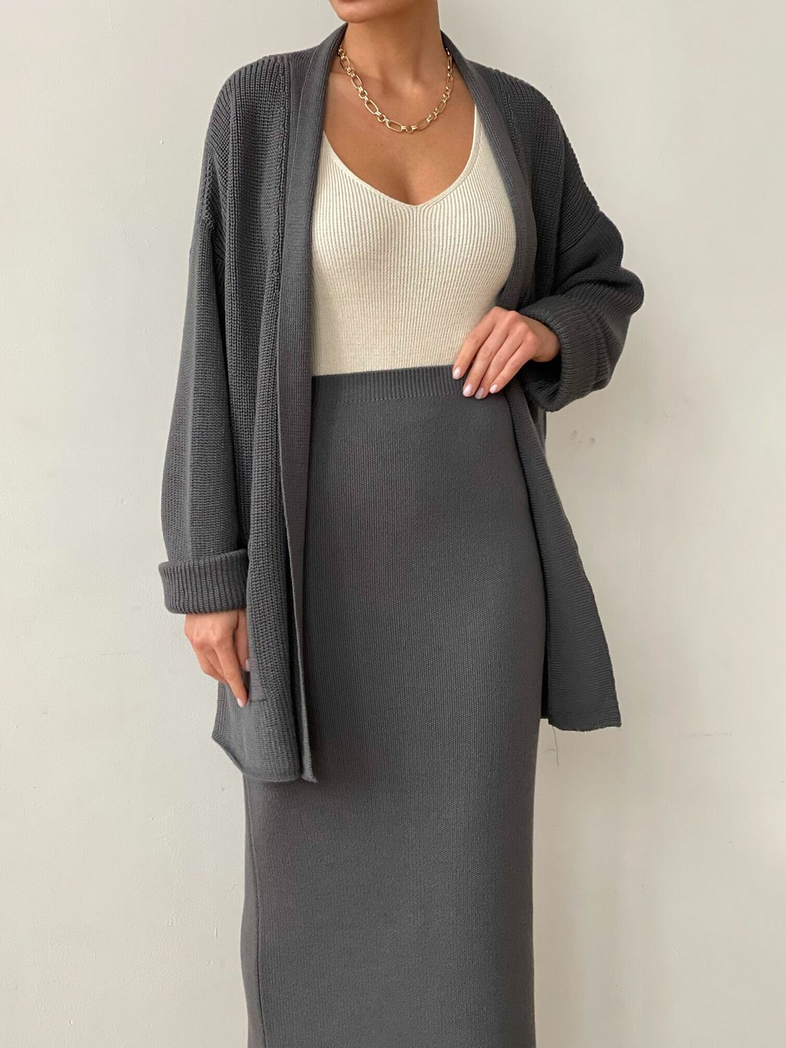 Pocketed Cardigan and Skirt Set