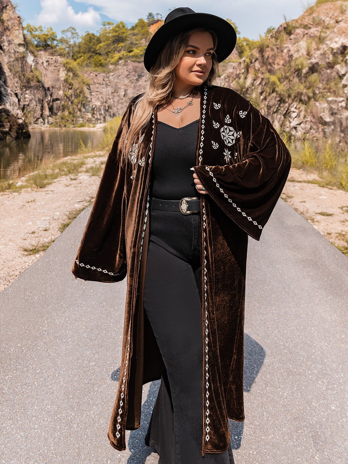 Plus Size Embroidery Open Front Duster