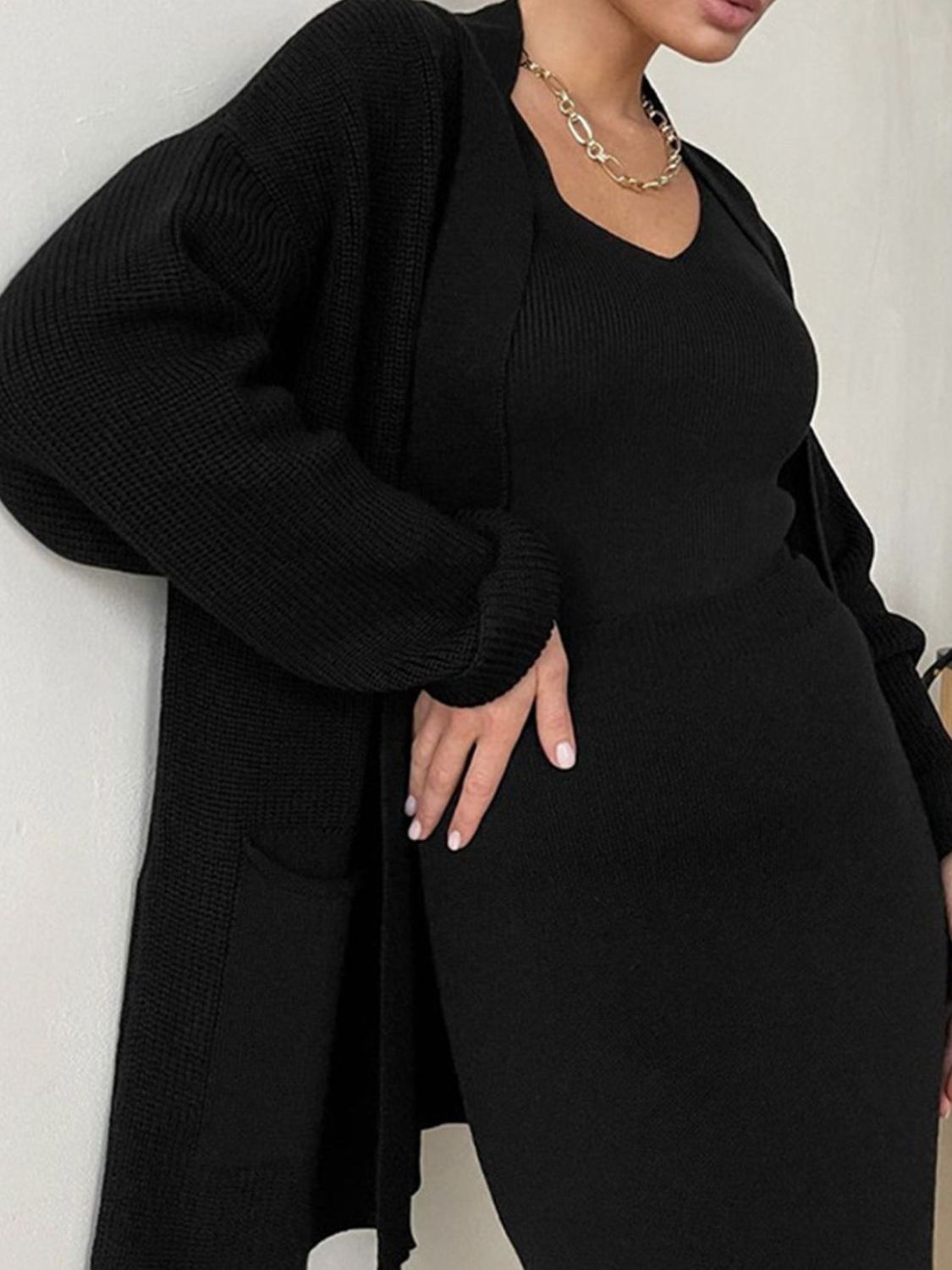 Pocketed Cardigan and Skirt Set