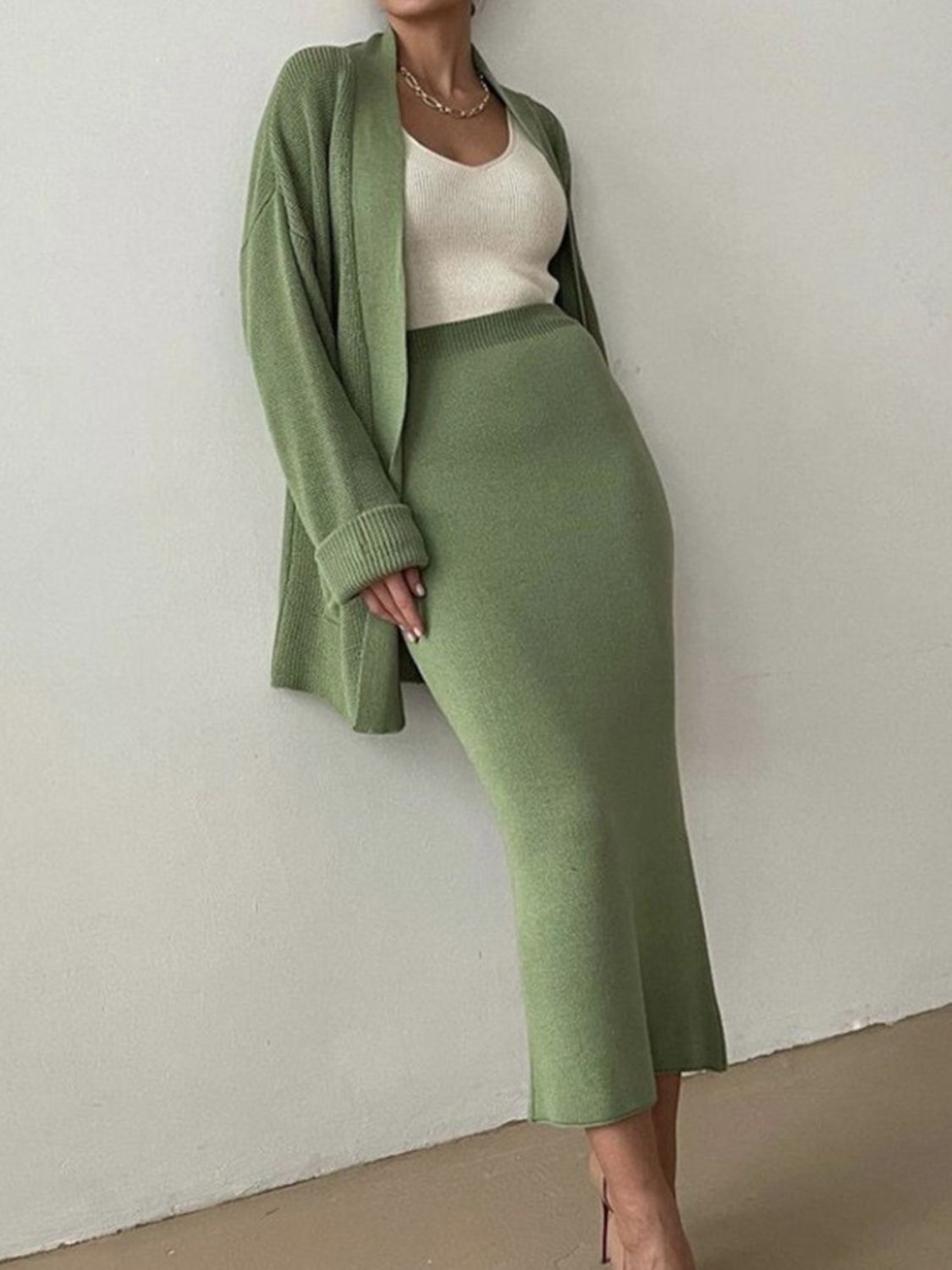 Pocketed Cardigan and Skirt Set