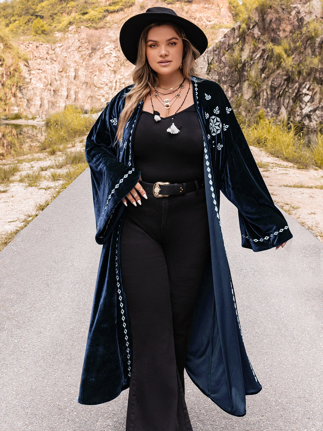 Plus Size Embroidery Open Front Duster