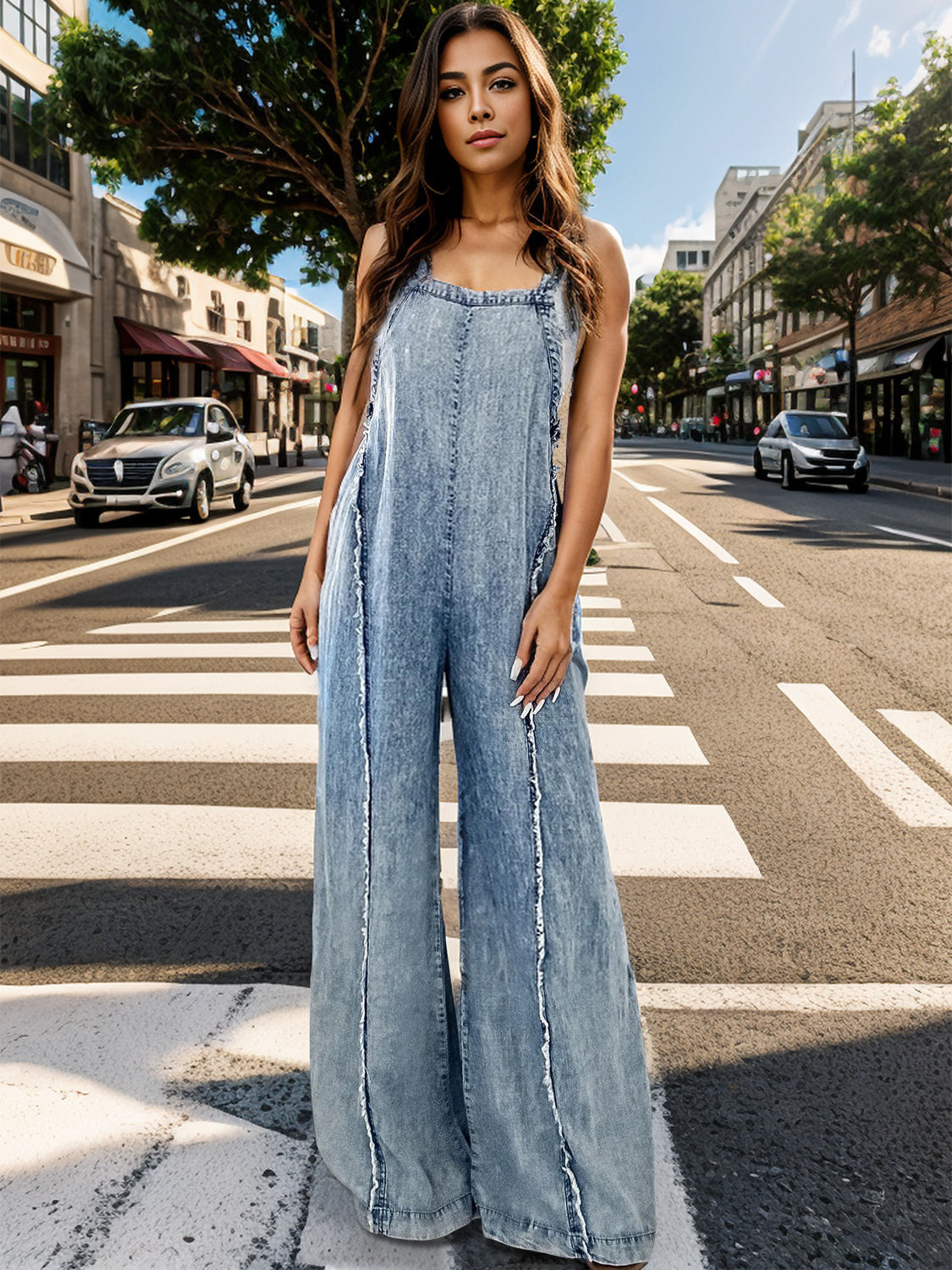 Adjustable Strap Wide Leg Denim Overalls Features: Basic style Stretch: Slightly stretchy Material composition: 65% cotton, 35% polyester Care instructions: Machine wash cold. Tumble dry low. Imported, ships in 5-10 business days Size US Bottom Length HIP