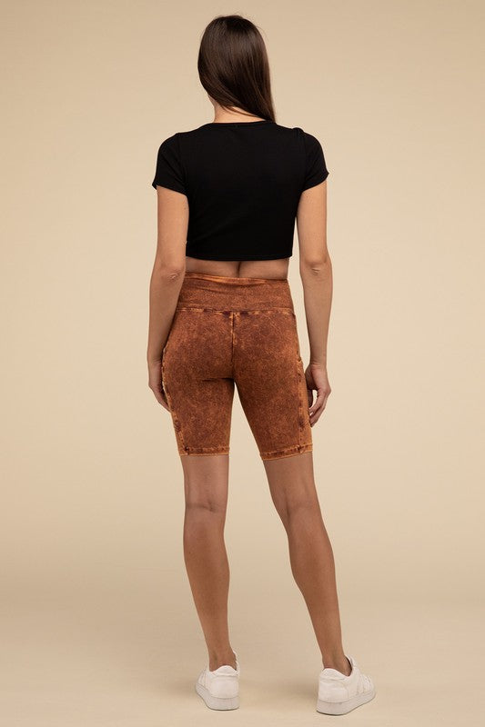 Mineral Wash Wide Waistband Pocket Biker Shorts