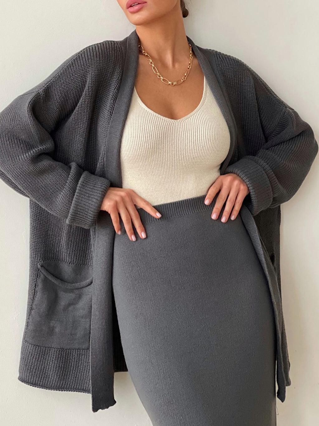 Pocketed Cardigan and Skirt Set