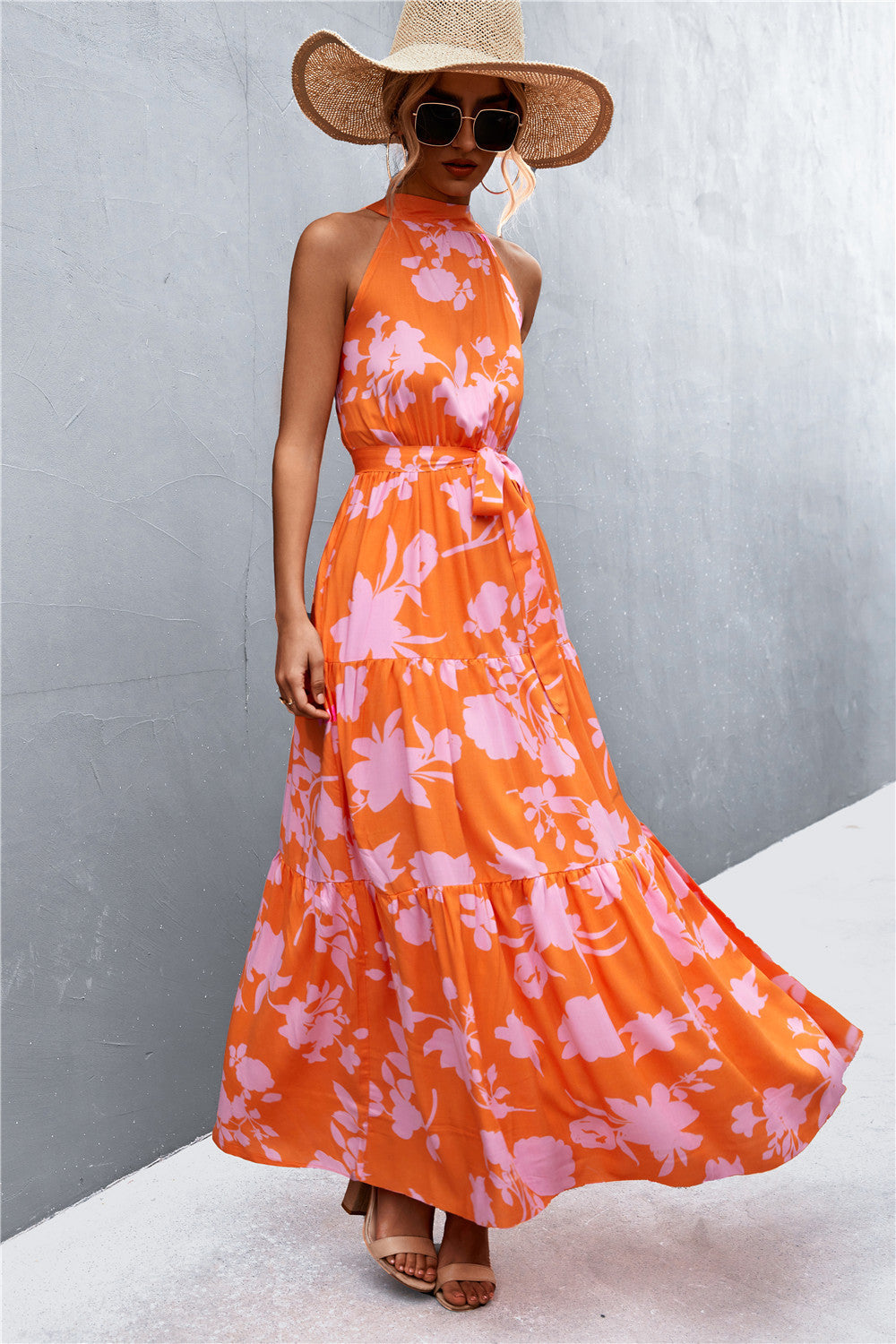 Printed Tie Waist Maxi Dress