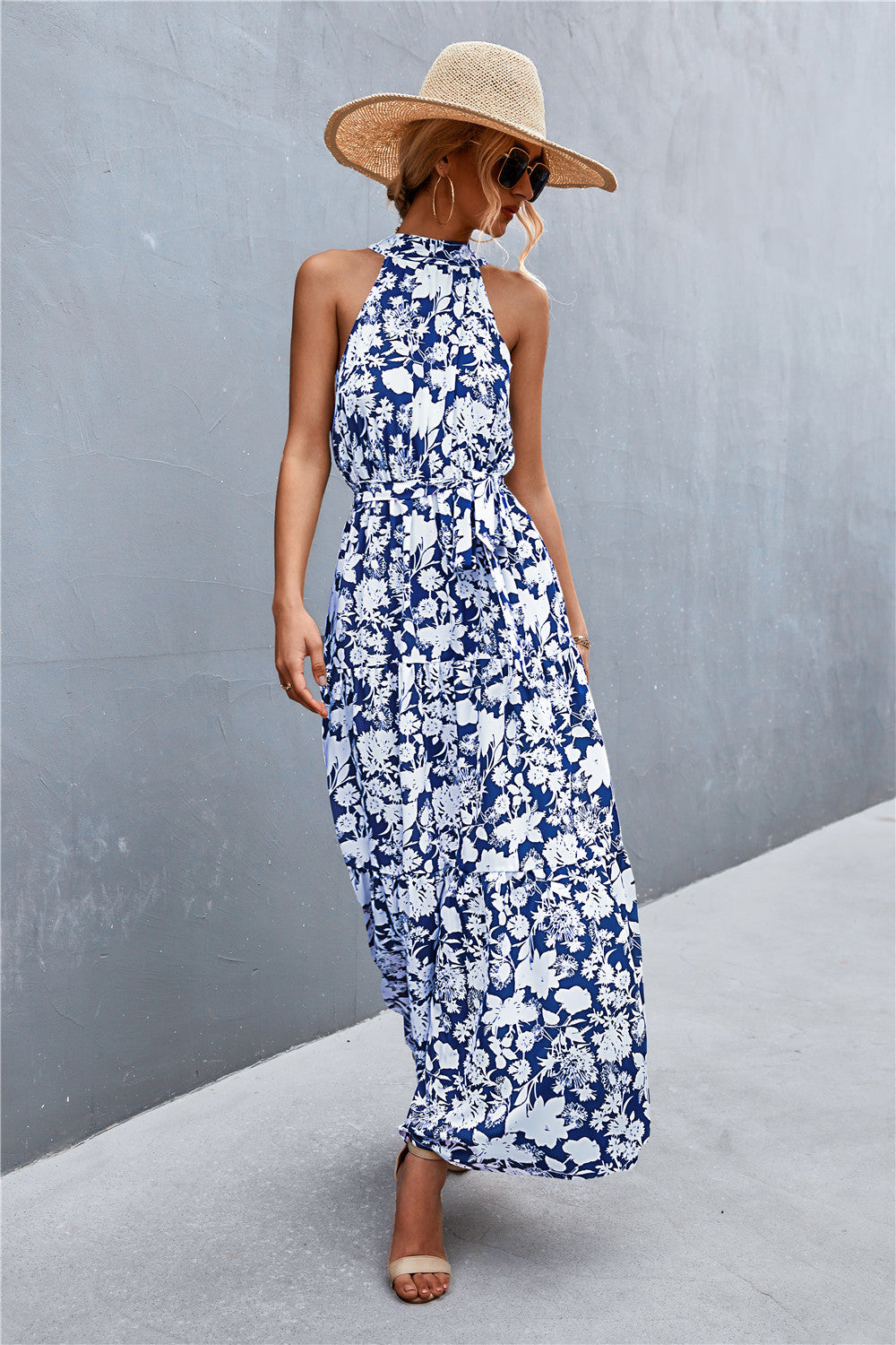 Printed Tie Waist Maxi Dress