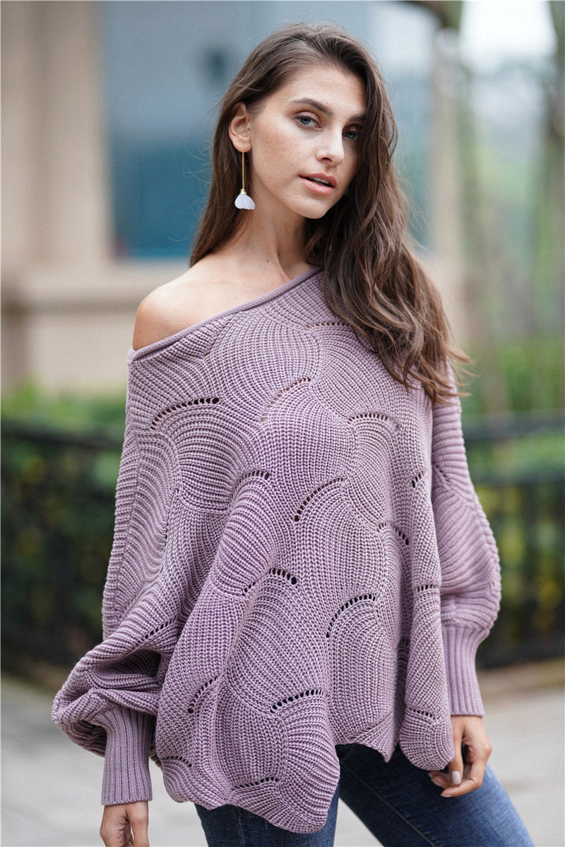 Openwork Boat Neck Sweater with Scalloped Hem