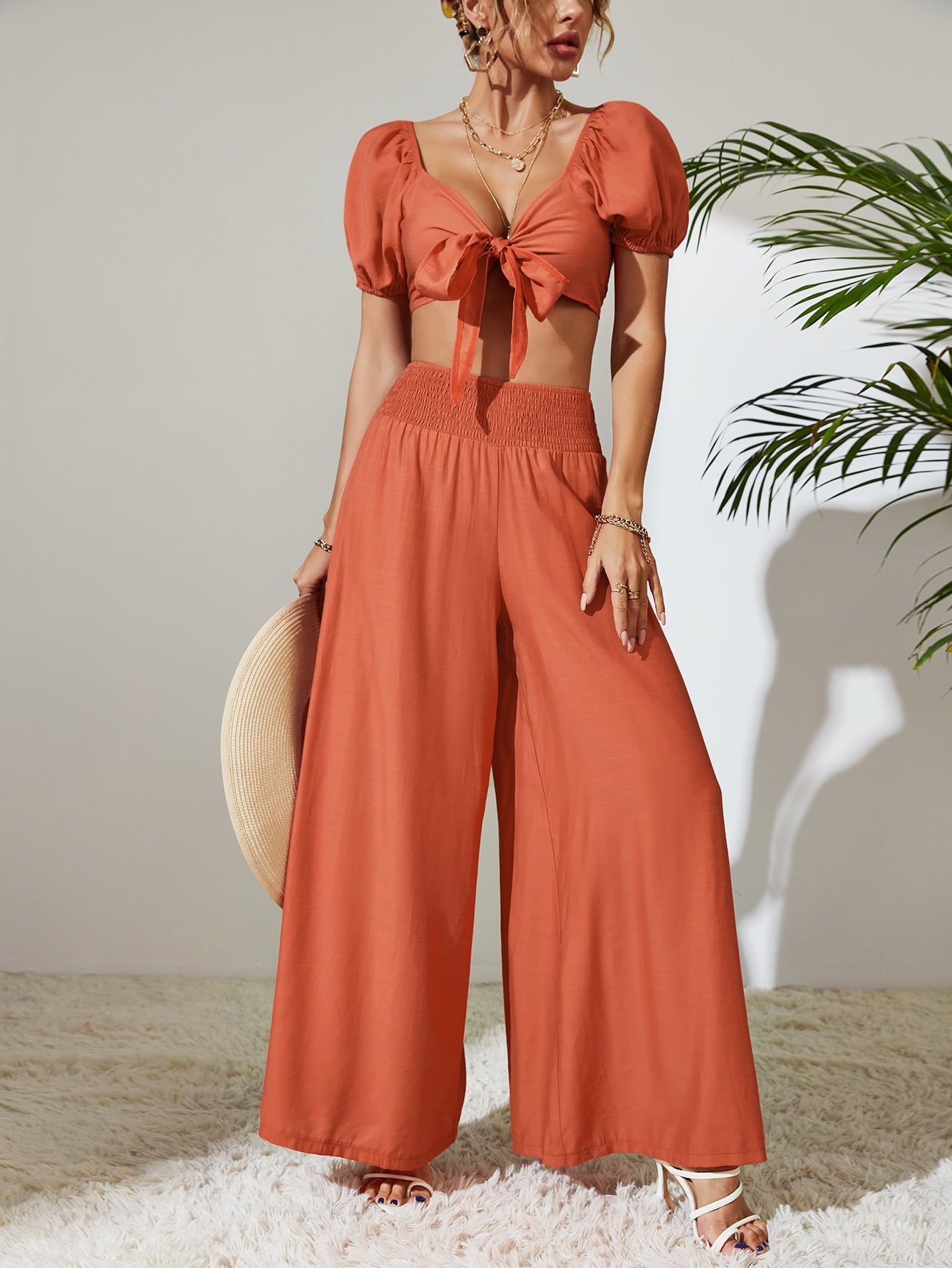 Tie Front Top and Wide Leg Pants Set