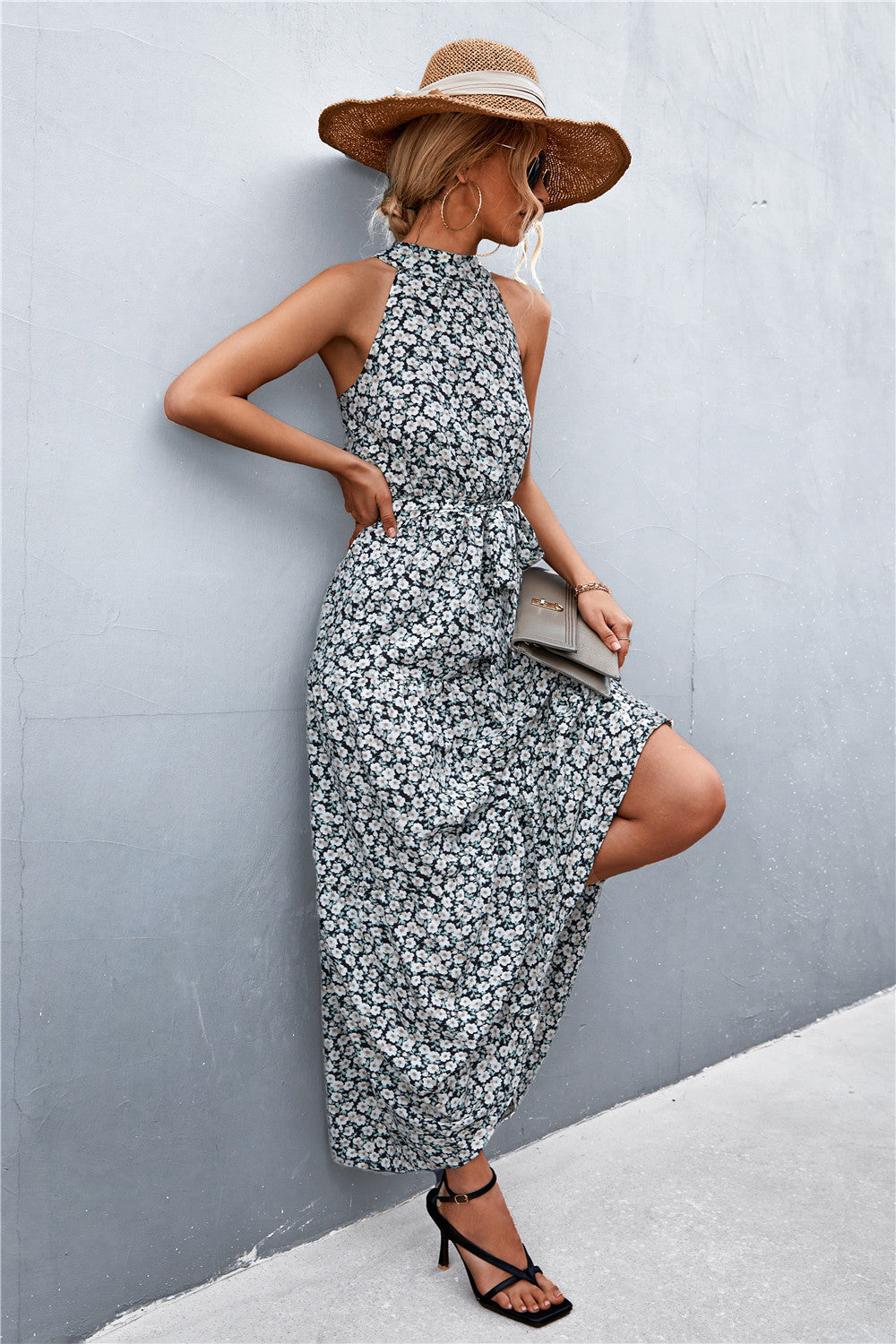 Printed Tie Waist Maxi Dress