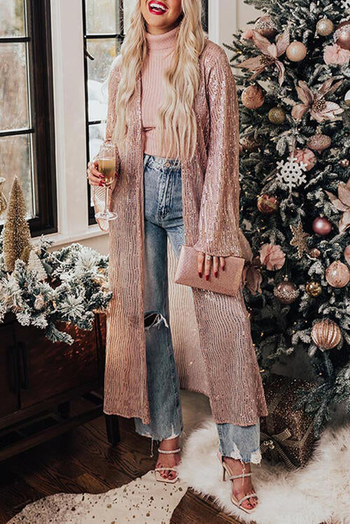 Sequin Open Front Long Sleeve Duster