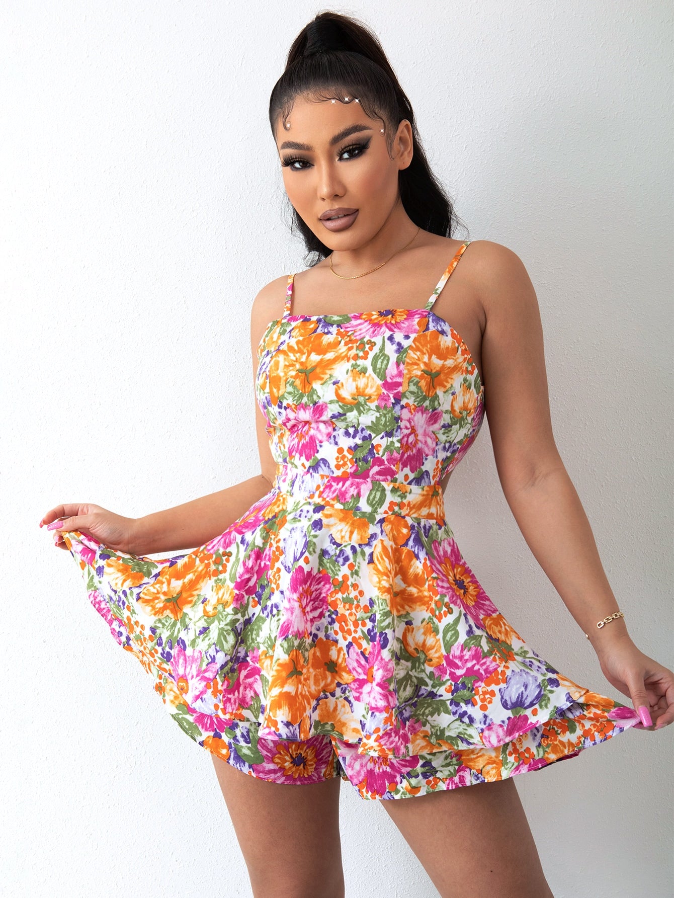 Floral Tie Back Layered Hem Romper